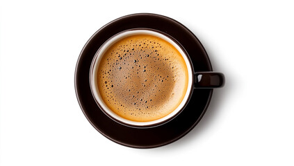 "A top-down view of a dark brown coffee cup, with a saucer, filled with a steaming black espresso or cappuccino, isolated on a clean white background."