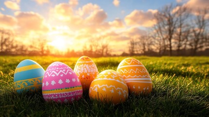 Five decorated Easter eggs are in the green grassy meadow