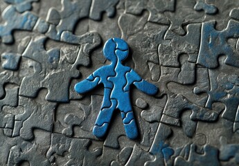 Blue puzzle piece figure amidst a jigsaw puzzle