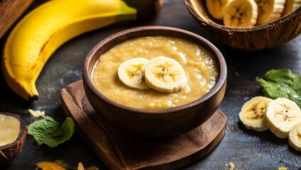 Wooden bowl of banana puree with sliced bananas, rustic setting