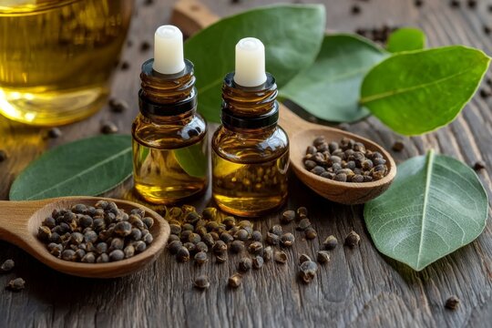 Fresh copaiba leaves arranged alongside essential oil.