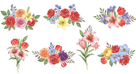 Watercolor flower bouquets isolated on a white background
