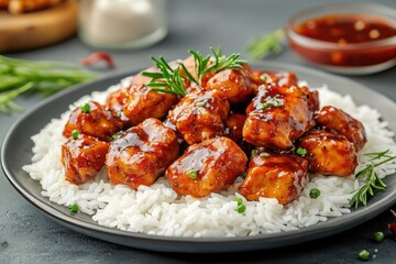 Fototapeta premium Bourbon Chicken: Spicy Sauces and Whiskey Infusion, Served with Rice on a Plate