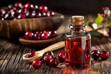 A close-up view of cranberry seed oil in a bottle on a wooden table.