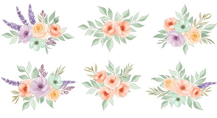 Watercolor flower bouquets isolated on a white background