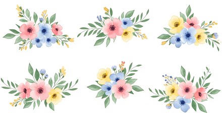 Watercolor flower bouquets isolated on a white background