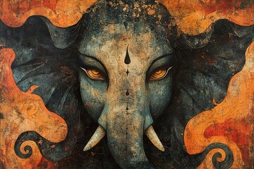 A detailed portrait painting depicting an elephant with golden eyes