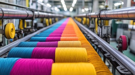 Textile production line displaying colorful yarn spools in a factory environment industrial setting vibrant colors aesthetic viewpoint for textile industry