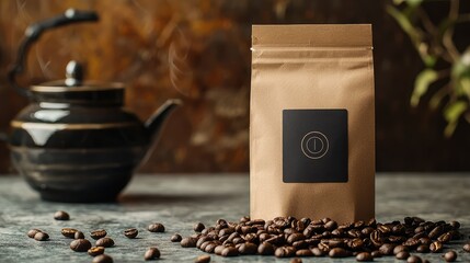 A paper coffee bag with a minimalist label, placed on a stone countertop with scattered coffee beans around it.