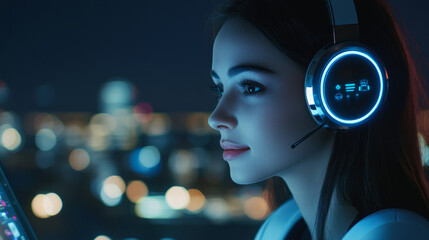 Virtual reality experience urban rooftop portrait nighttime close-up technology and gaming enthusiasm