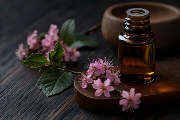 Spikenard Essential Oil and Fresh Flowers Displayed on a Wooden Table