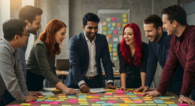 A group of professionals engaged in a lively brainstorming session with sticky notes