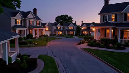Twilight neighborhood ambiance: serene suburban street transition from dusk to evening