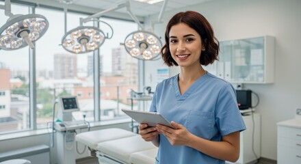 Obraz premium Female Doctor Using Tablet in Modern Clinic - A friendly female doctor in scrubs uses a tablet, symbolizing healthcare, technology, professionalism, patient care, and modern medicine