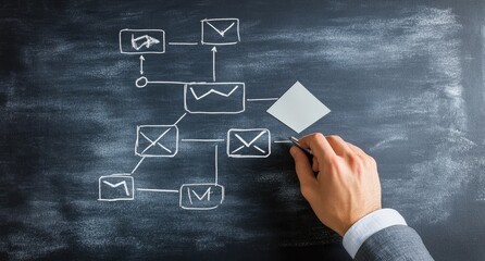 Email marketing flowchart drawn on a chalkboard