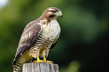 Fototapeta premium Broad-Winged Hawk Perched on Fence. Closeup Detail of Bird of Prey Feathers
