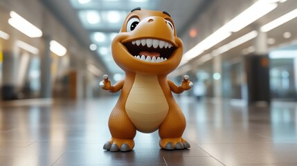Happy cartoon T-Rex in airport terminal