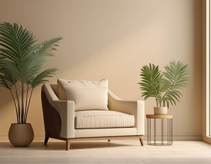 Fototapeta premium living room interior with armchair and plant in light beige tones 3d render