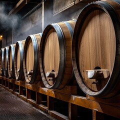 A row of large wooden barrels in a dimly lit space, showcasing a rustic atmosphere typical of a winery or distillery.