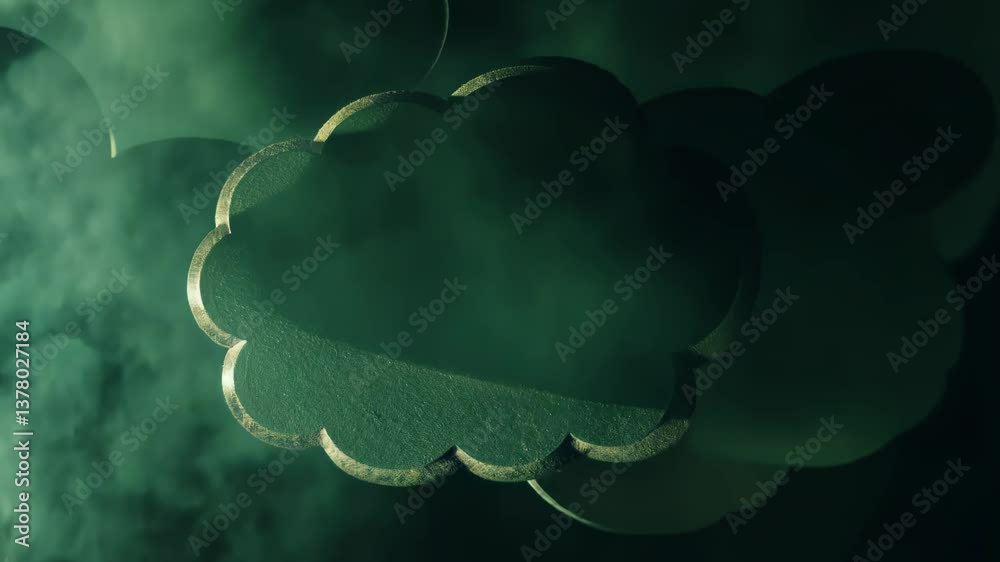 Poster a green cloud with a gold outline. there are many small clouds in the background. the clouds are all