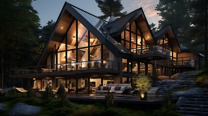 Luxurious A-Frame Cabin in the Woods at Dusk