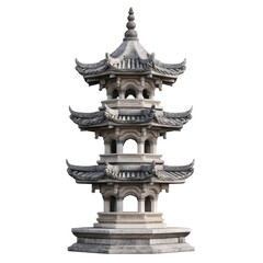 Fototapeta premium Traditional stone pagoda sculpture standing alone against a Transparent background, Traditional Stone Pagoda Sculpture Isolated