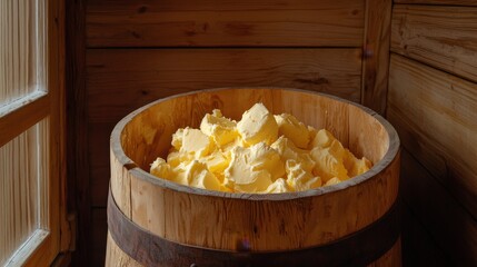 A wooden barrel filled with creamy yellow butter, set against a rustic wooden backdrop, showcasing traditional food preparation.