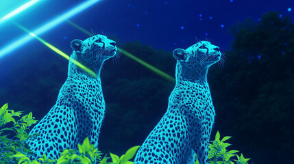 A spotted cheetah rests at night, gazing intently at the savannah.