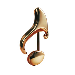 Golden musical note with a shiny metallic finish, elegant 3D-rendered sculpture with smooth curves and reflective gold surface, isolated on white background