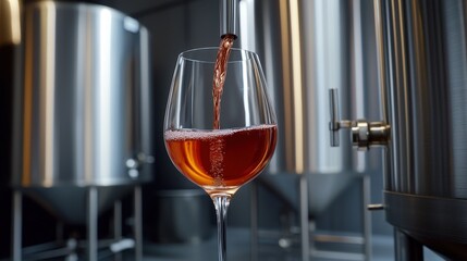 A glass of red wine is being filled, showcasing bubbles, with stainless steel fermentation tanks in the background.