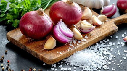 Fresh Onions and Garlic on Wooden Cutting Board with Exquisite Seasoning Ingredients
