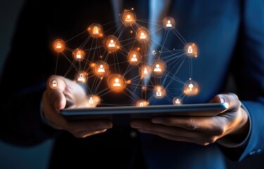 Person holding tablet with glowing network of connected profiles