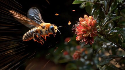 A close-up of a bee hovering near a vibrant flower, capturing the moment of pollination with dynamic motion effects.