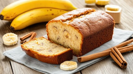 Delicious Homemade Banana Bread with Fresh Bananas and Cinnamon Sticks on Wooden Table