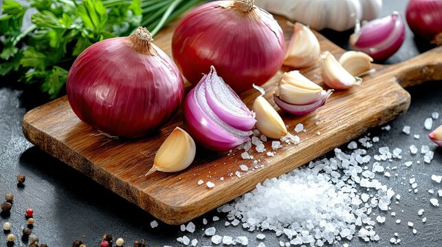Fresh Onions and Garlic on Wooden Cutting Board with Exquisite Seasoning Ingredients