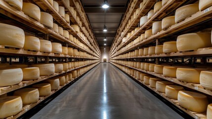 A vast cheese storage facility with shelves lined with large wheels of cheese, illuminated by industrial lighting.