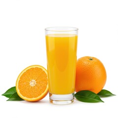 A glass of orange juice with a sliced orange and a whole orange on a white background studio shot