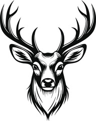 Majestic Stag Head, Antlers, Wildlife, Nature, Black, White, Graphic, Design, Illustration, Art