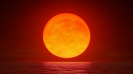 Obraz premium Fiery Sunset Over Calm Ocean Dramatic Red Sun Setting Peaceful Seascape