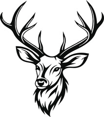 Naklejka premium Majestic Stag Head, Antlers, Wildlife, Nature, Forest, Black and White, Graphic Design, Hunting, Ani