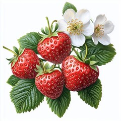 Composition of a strawberry branch with leaves, flowers, and berries, juicy, large, beautiful.