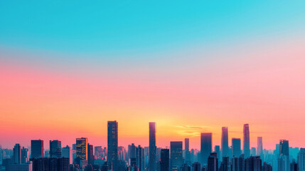 Fototapeta premium stunning city skyline sunset, showcasing tall buildings silhouetted against vibrant gradient of pink and blue hues. scene evokes sense