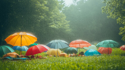 Colorful umbrellas amidst rain showers in a lush green park capturing nature's beauty and serenity