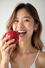 Beautiful woman biting a red apple, studio shot with minimal background