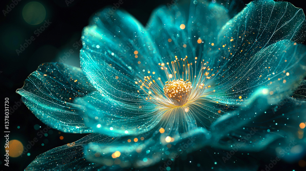 Poster vibrant turquoise flower with golden accents in a dark background creates a mesmerizing visual effec
