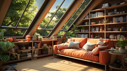 Serene Attic Room with Abundant Natural Light and Cozy Bookshelves