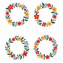 Wreath flowers circle Scandinavian style, Set Round shape frame with cute hand drawn leaves and flowers