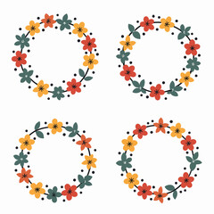 Wreath flowers circle Scandinavian style, Set Round shape frame with cute hand drawn leaves and flowers