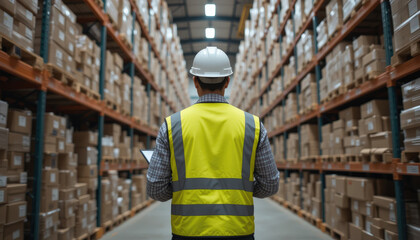 warehouse supervisor high visibility vest inspects inventory shelves, ensuring efficient logistics and organization large storage facility