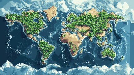 A pixel art world map in retro video game style.